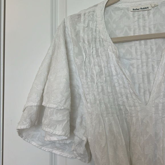 Roller Rabbit Tunic Notch Collar Tassel Belted White Cotton Flutter Sleeve Top - Picture 11 of 14